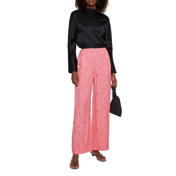 Maje Pants - Maje Pala Satin Jacquard Palazzo Wide Leg High Waisted Pants in Pink Size 34
